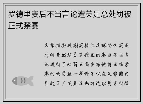 罗德里赛后不当言论遭英足总处罚被正式禁赛